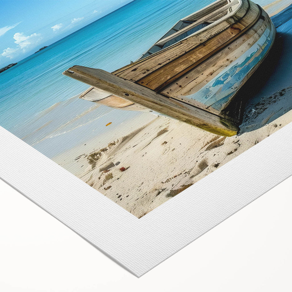 Art deco poster of rowboats in muted blue and gray tones on rolled canvas, suitable for dining room wall art.