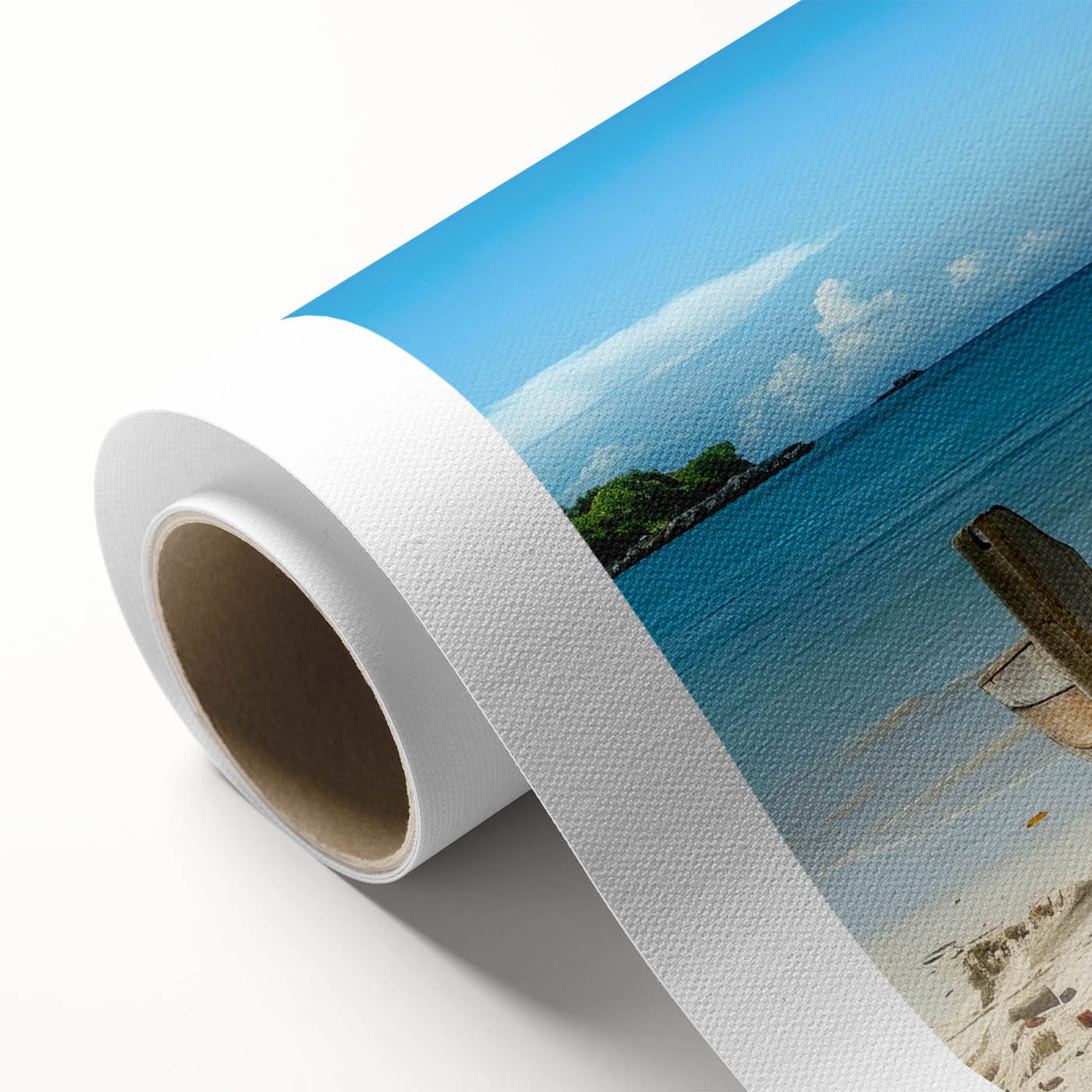 Art deco style poster featuring a rowboat on calm waters, in muted blue and gray tones on rolled canvas.