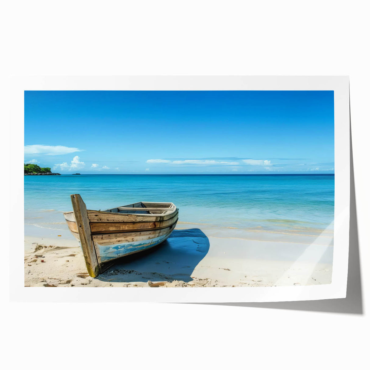 Rolled print of a rowboat on calm waters in muted gray and blue tones, suitable for dining room or bathroom wall art.