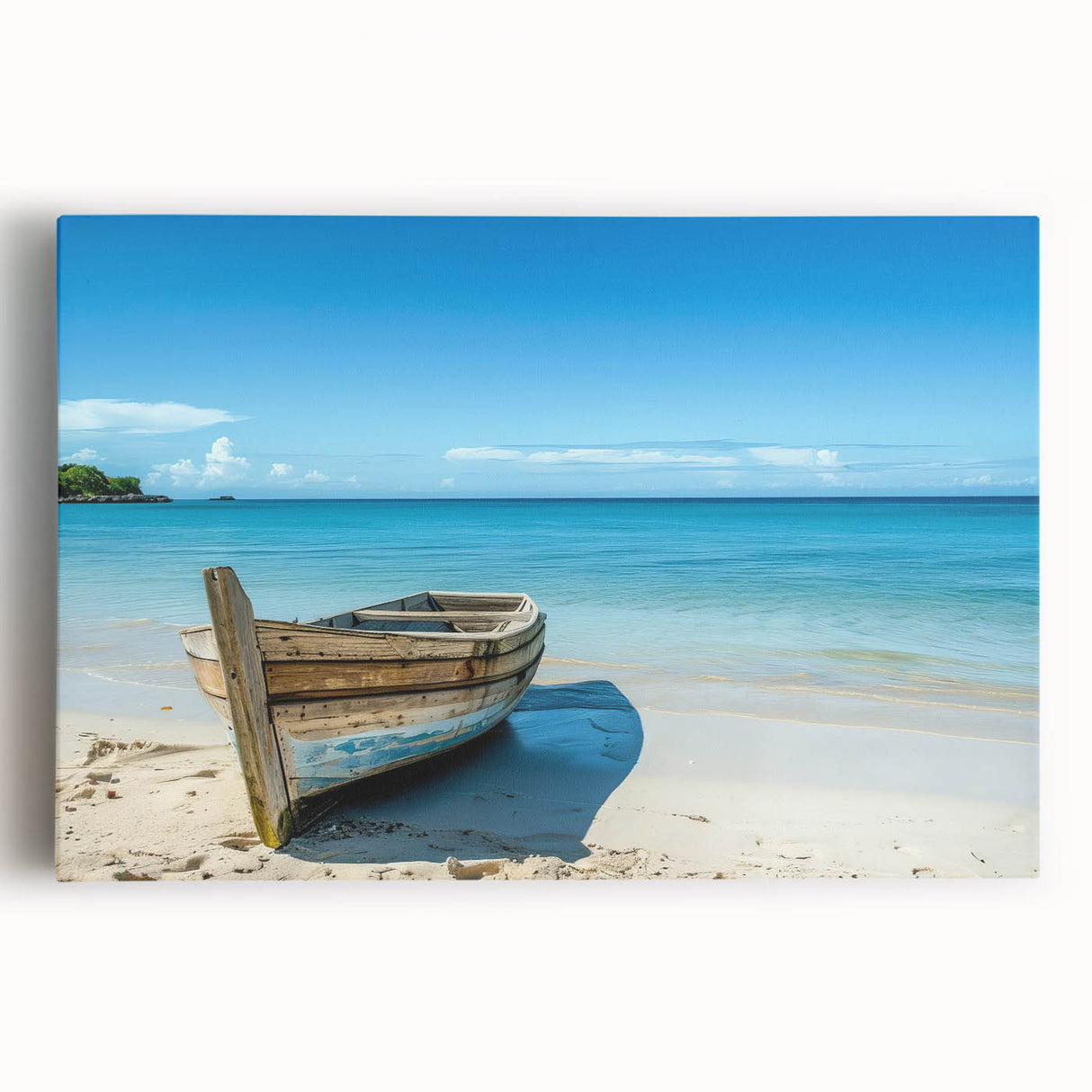 Black and white photo of a rowboat on calm water, printed on large stretched canvas, ideal for kitchen wall art.
