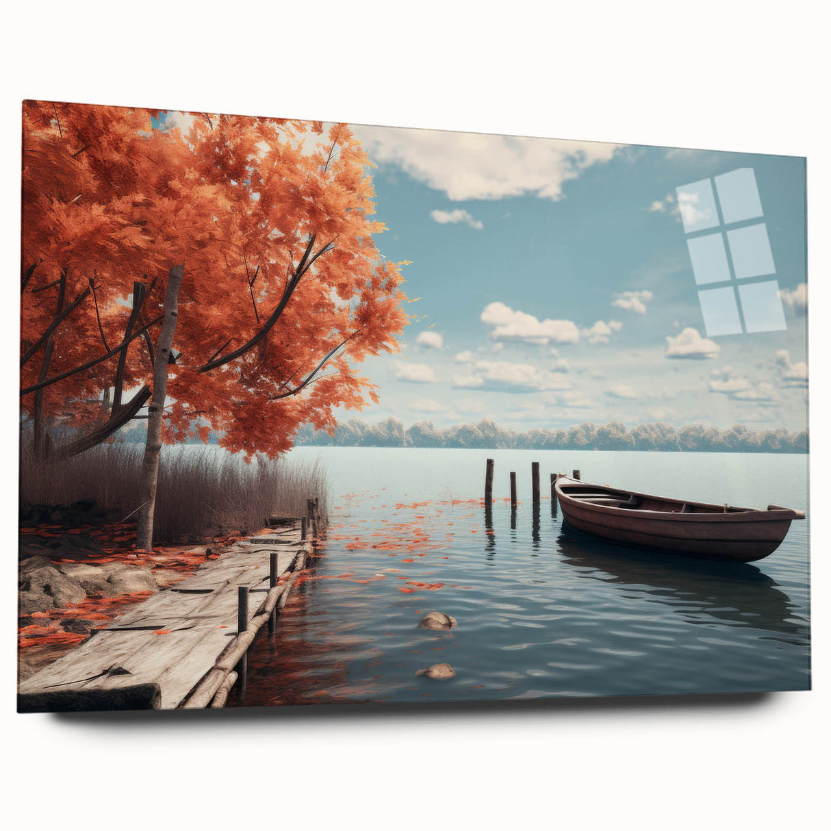 Acrylic print of a side-view rowboat in muted blue and gray tones, suitable for bedroom or dining room decor.