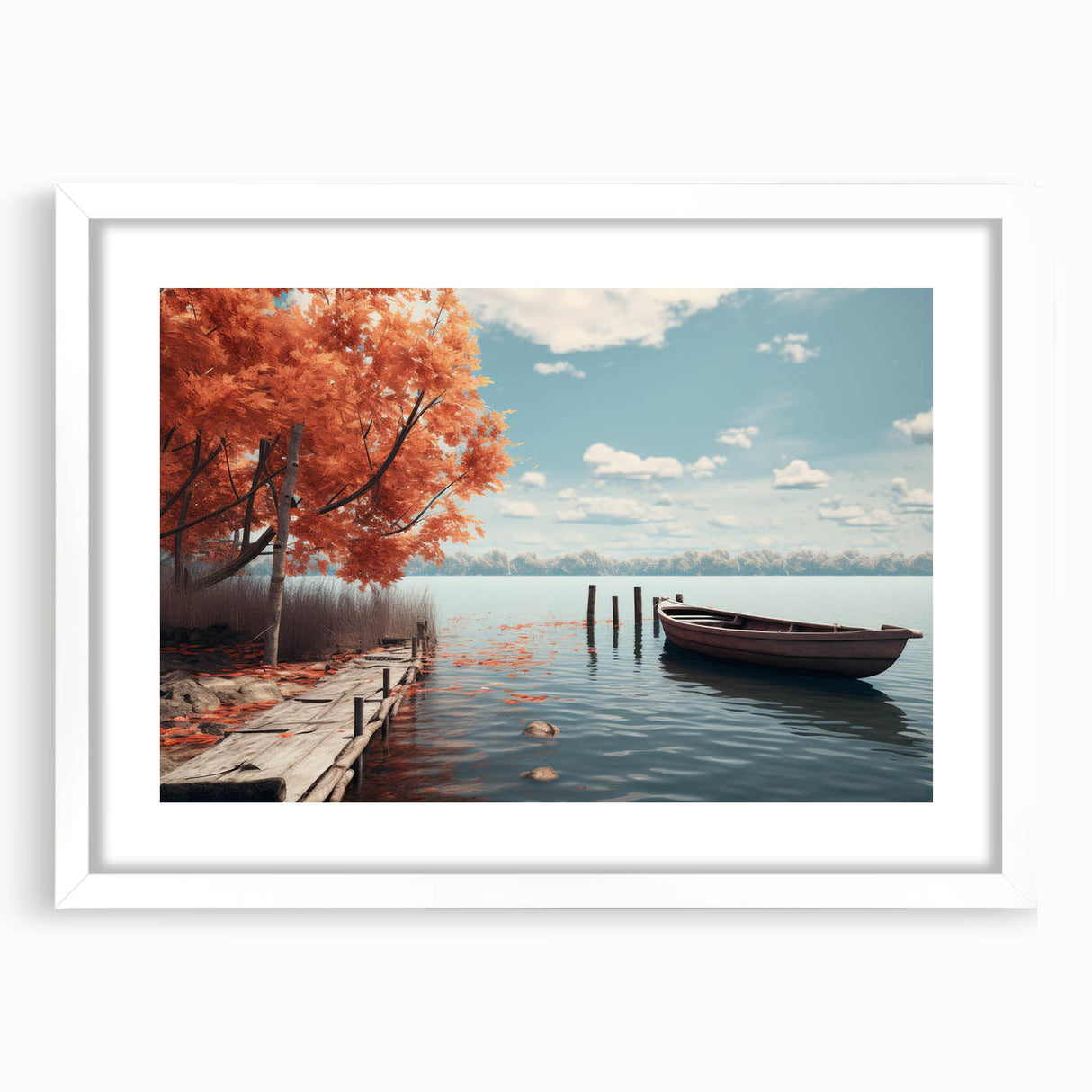 Extra large abstract art print of a rowboat in neutral tones on a white framed canvas, suitable for living room decor.