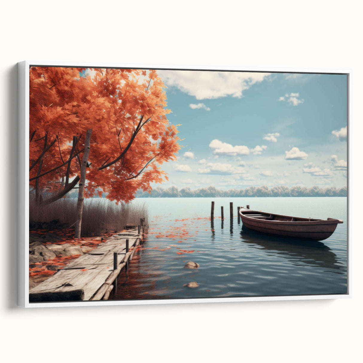 Framed canvas featuring a vintage poster art style black rowboat on a serene lake, suitable for bedroom wall art.