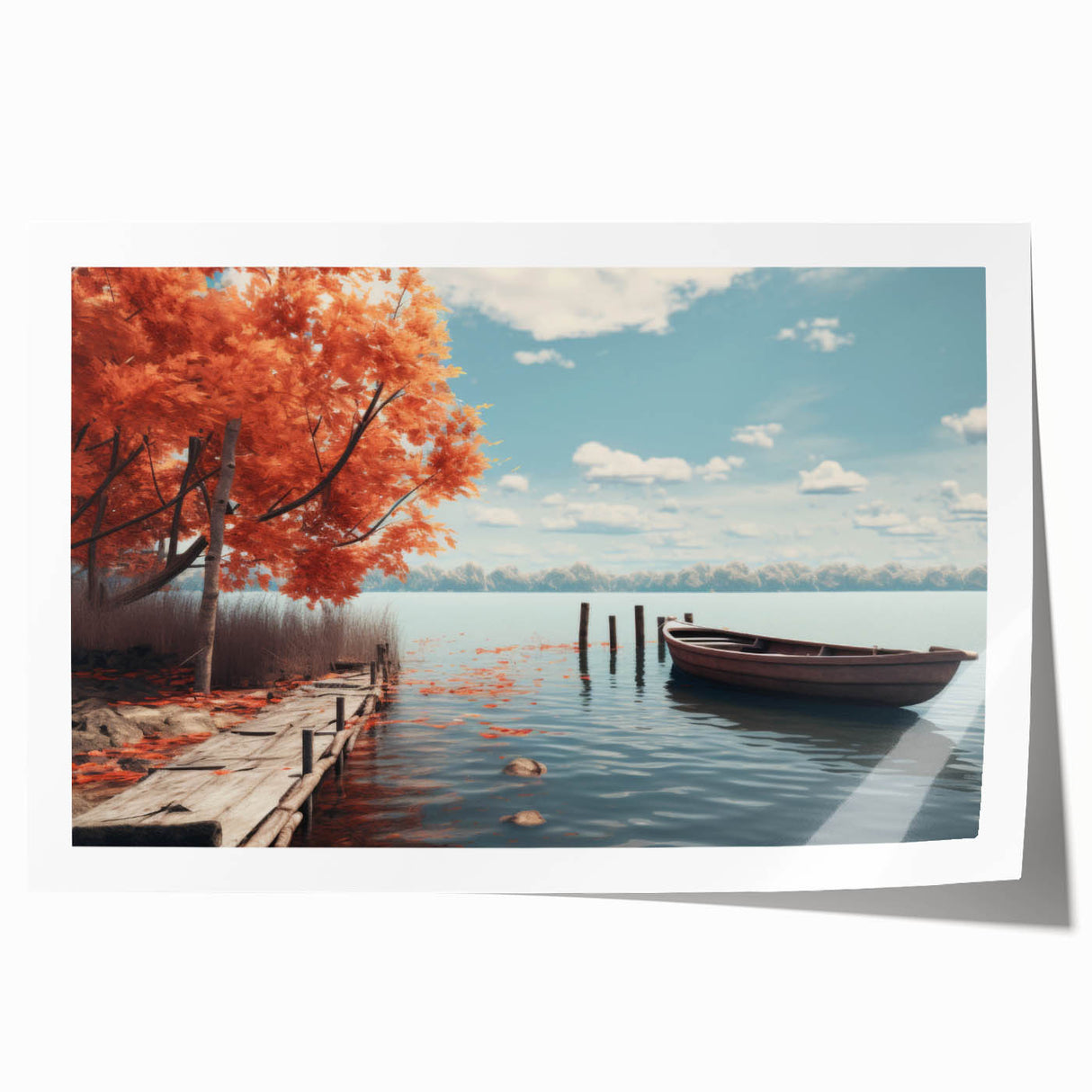 Extra large wall art featuring a rowboat on calm waters, rendered in muted blue and gray tones on a rolled canvas.