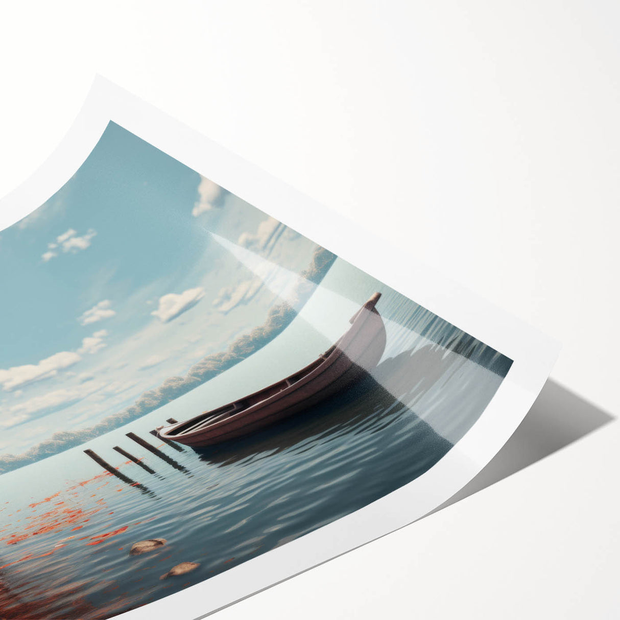 Extra large wall art featuring a rowboat on calm water, rendered in muted blues and grays on rolled canvas.