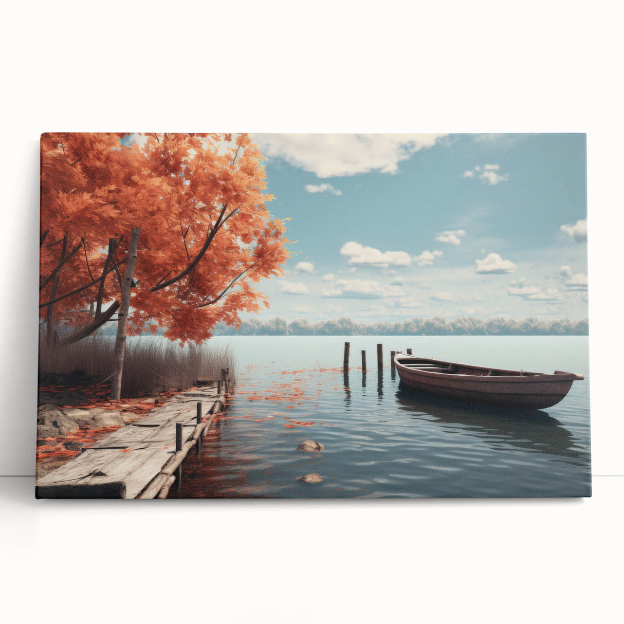 Black and white photo of a rowboat on water, printed on large stretched canvas, ideal for kitchen or bedroom wall art.