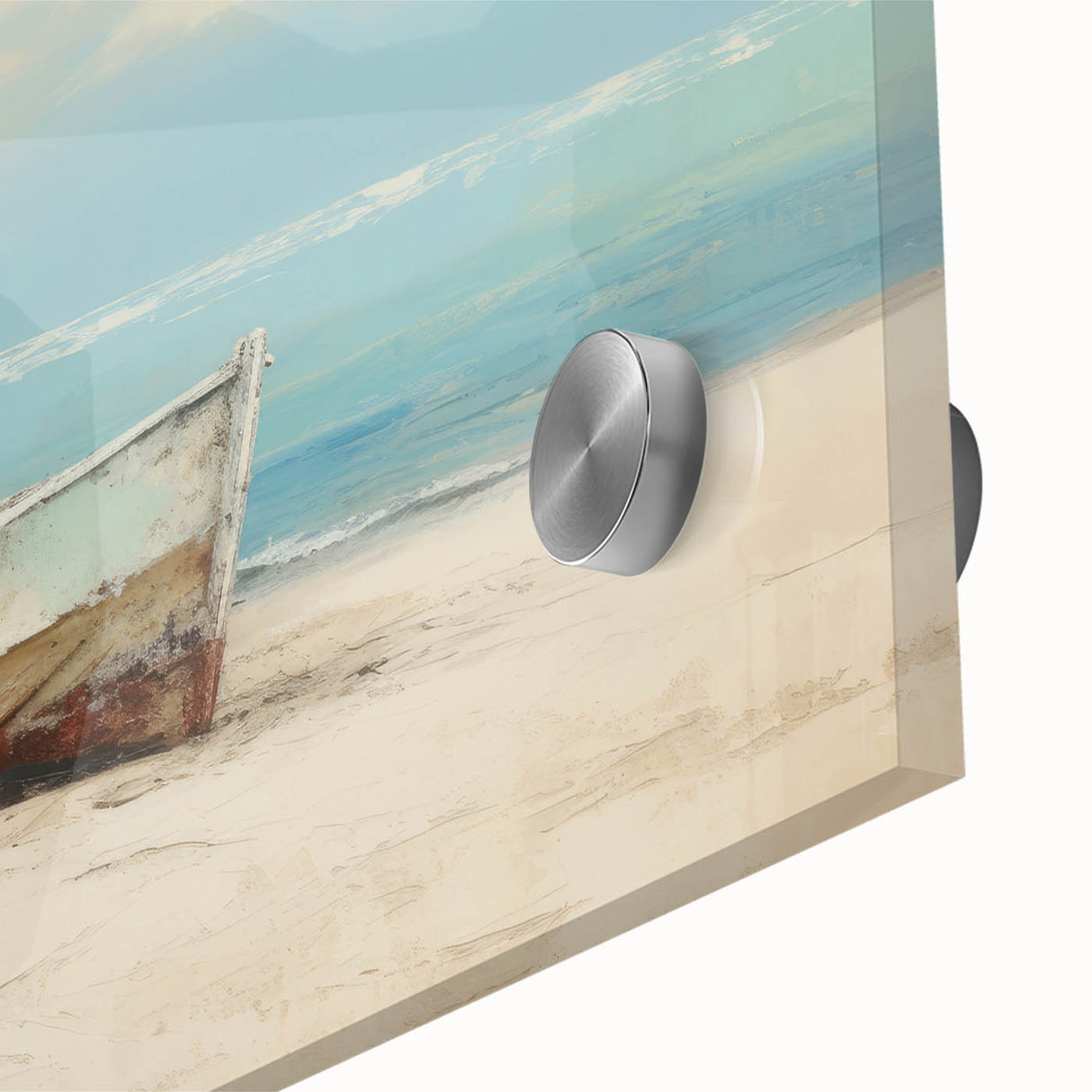 Acrylic print of a rowboat in muted earth tones, ideal for dining room art in a mid-century modernist style.