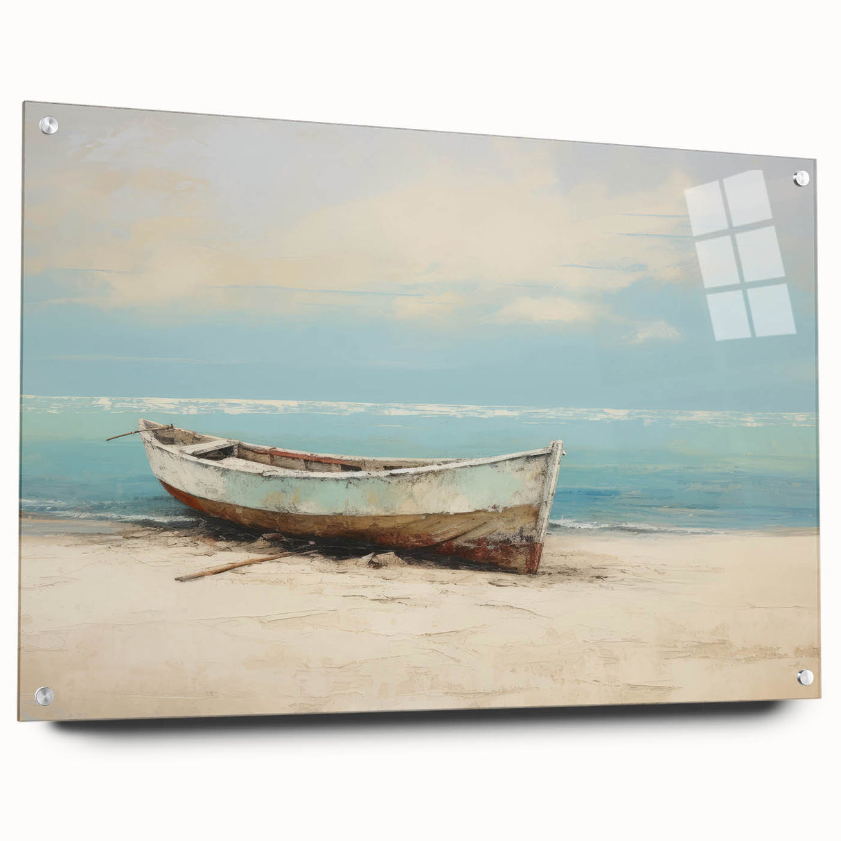 Acrylic print of a side-view rowboat in muted blue and gray tones, ideal for dining room art.