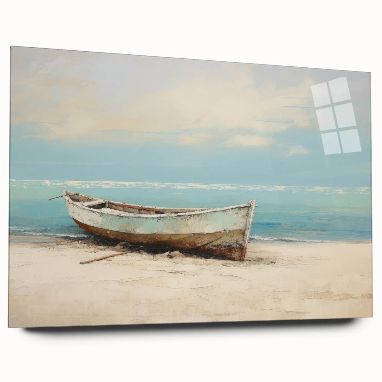 Acrylic print of a side-view rowboat in muted blue and gray tones, suitable for bedroom or dining room wall art.