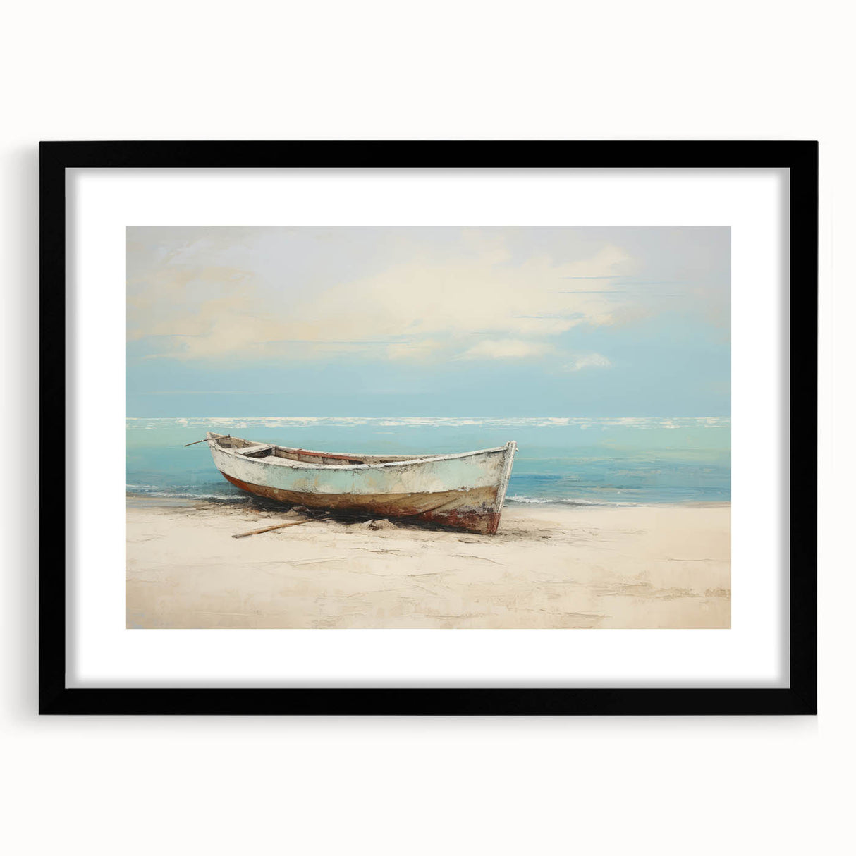 Abstract art print of a rowboat in vibrant colors on a textured, extra large canvas, ideal for living room decor.