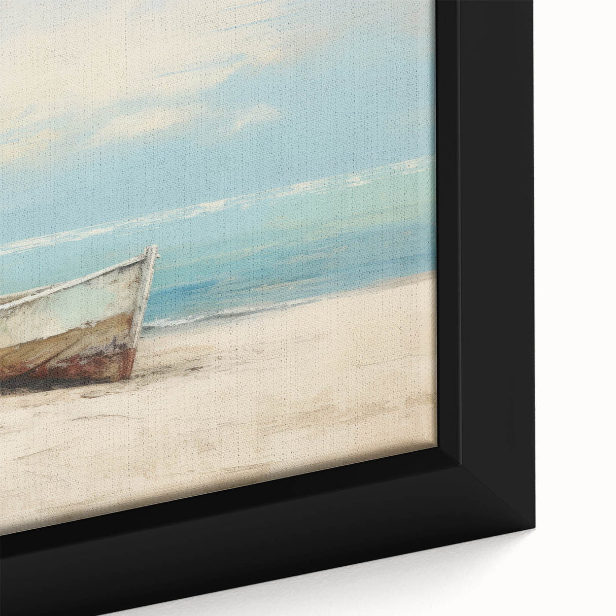 Extra large framed canvas featuring a close-up of a black rowboat, textured with vibrant colors, ideal for living room decor.