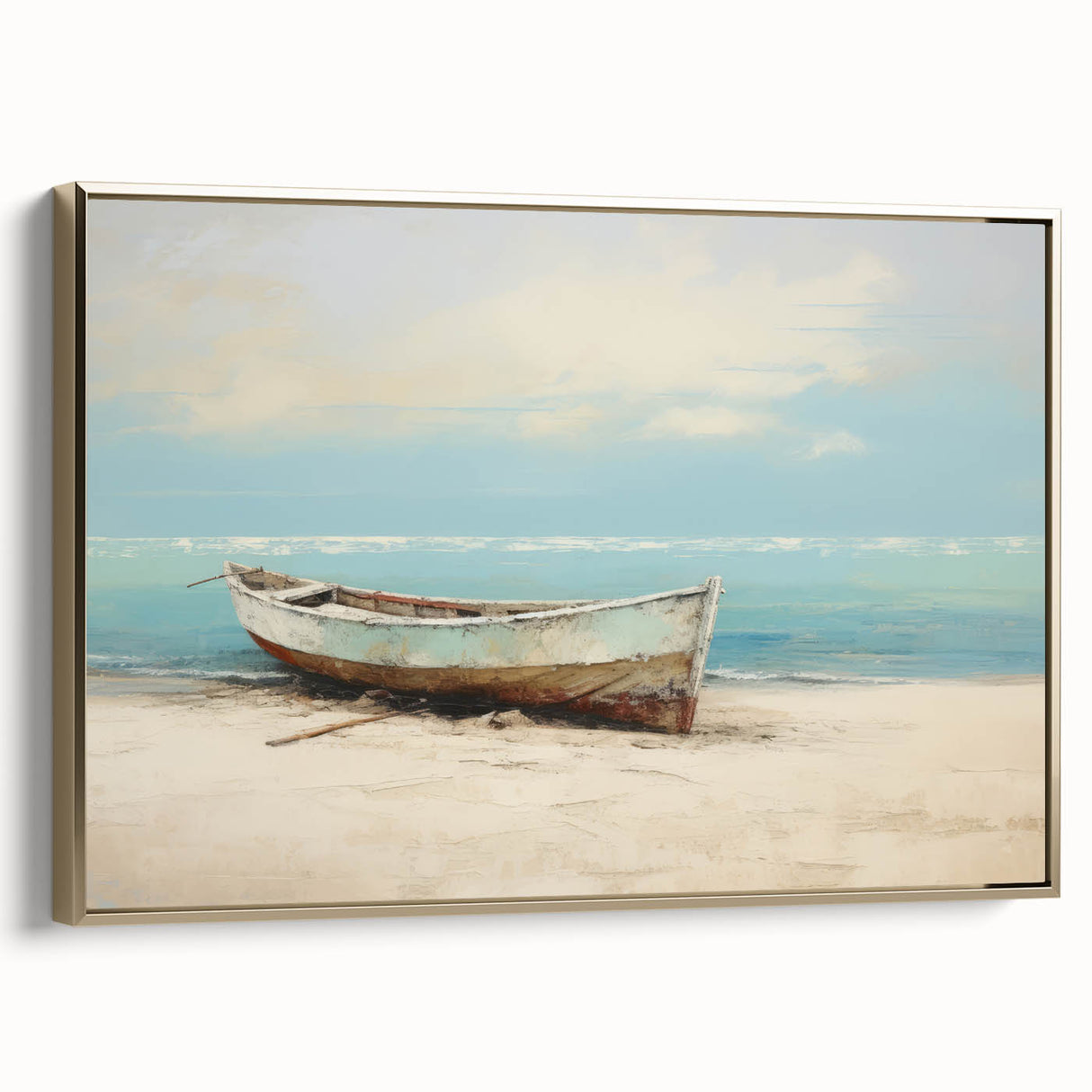 Framed canvas featuring a vintage-style rowboat on a lake, with a backdrop of muted green and blue tones.