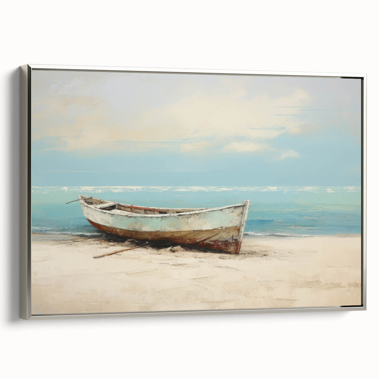 Vintage poster art of a rowboat, rendered in colorful hues on a black background, framed canvas, ideal for living room decor.