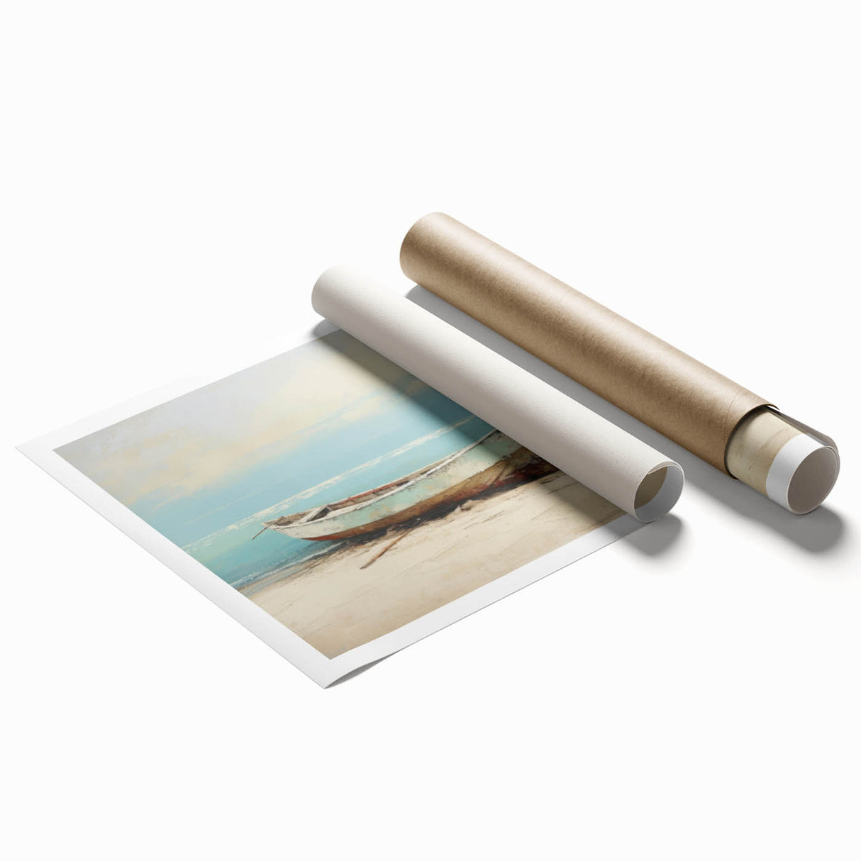 Extra large canvas print of a rowboat on calm waters, in muted blue and gray tones, suitable for classy bathroom wall art.