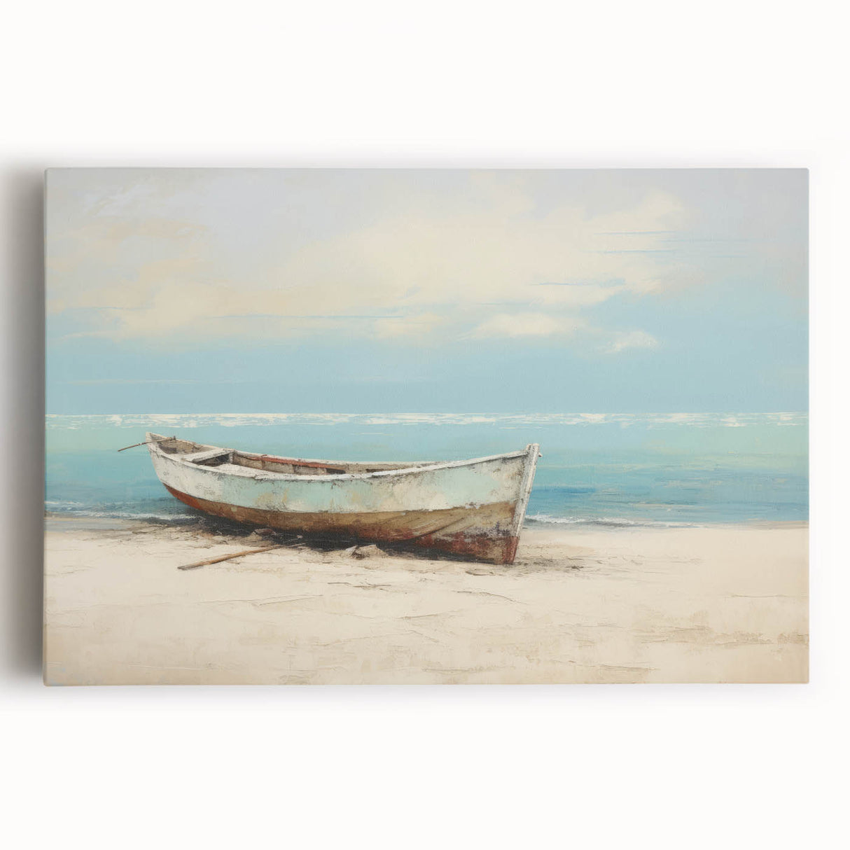 Black and white photo of a rowboat on calm water, printed on large stretched canvas, suitable for kitchen wall art.