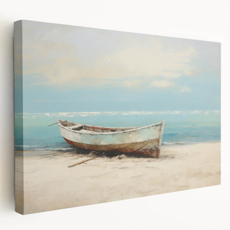 Rowboat on calm water, rendered in muted blues and grays on stretched canvas, suitable for kitchen wall art.