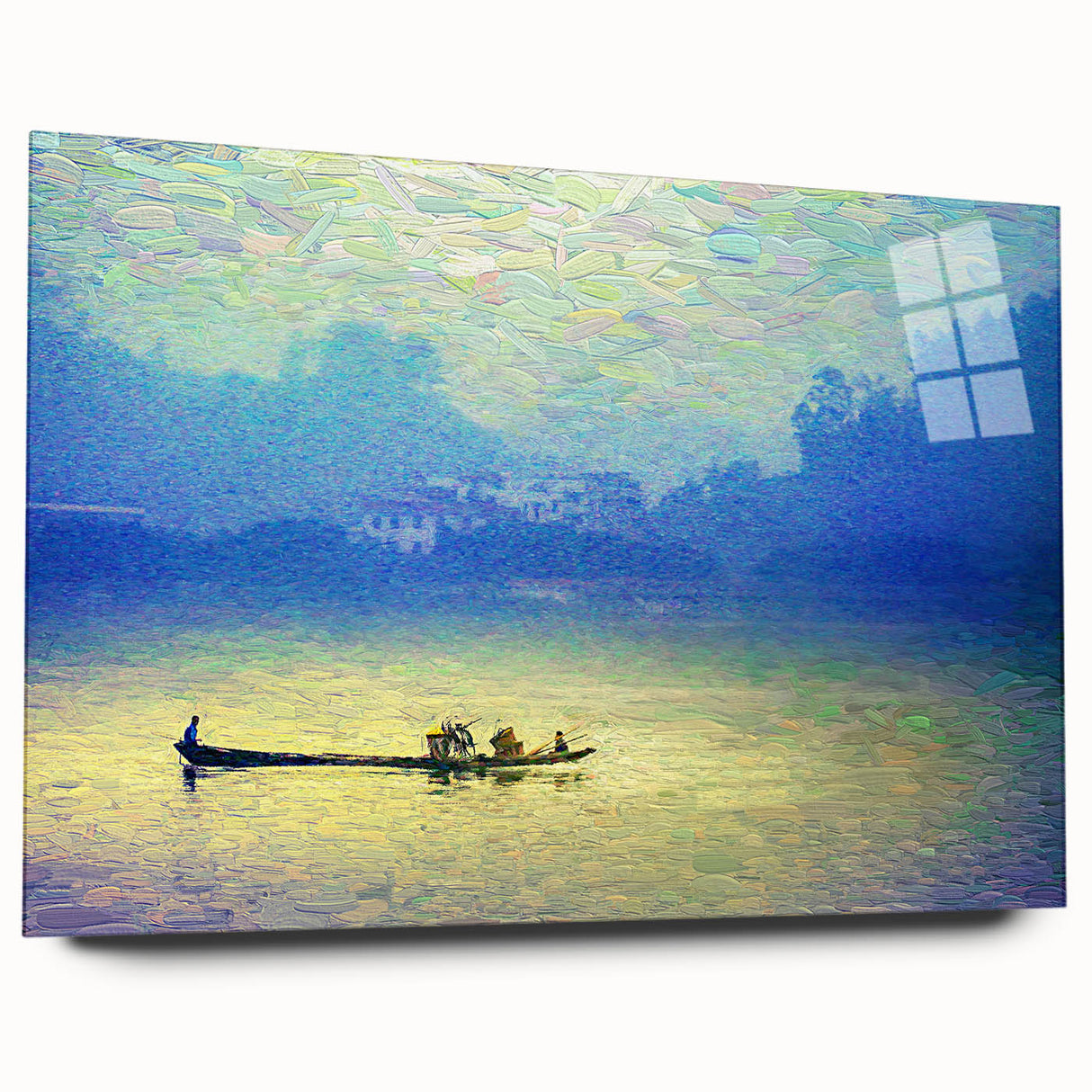Side view of a rowboat on acrylic glass, in muted earth tones, ideal for bedroom or dining room art.