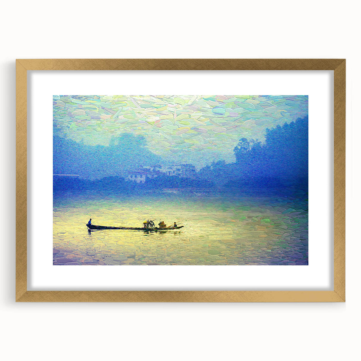 Textured abstract art print of a rowboat in muted blue tones on a gold-framed canvas, ideal for bedroom art.