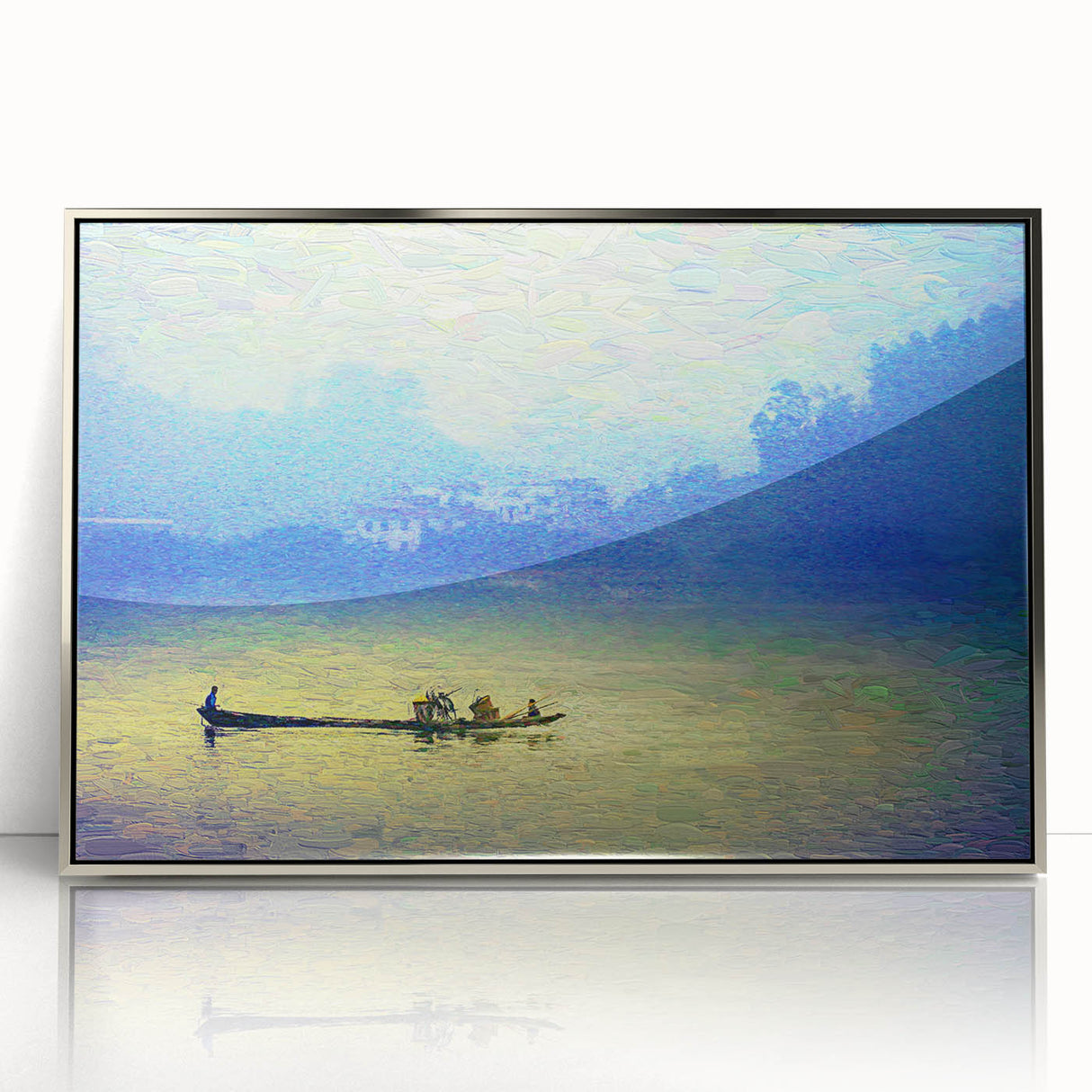 Art deco style poster featuring a silver-framed acrylic print of a rowboat, in muted blue and gray tones.