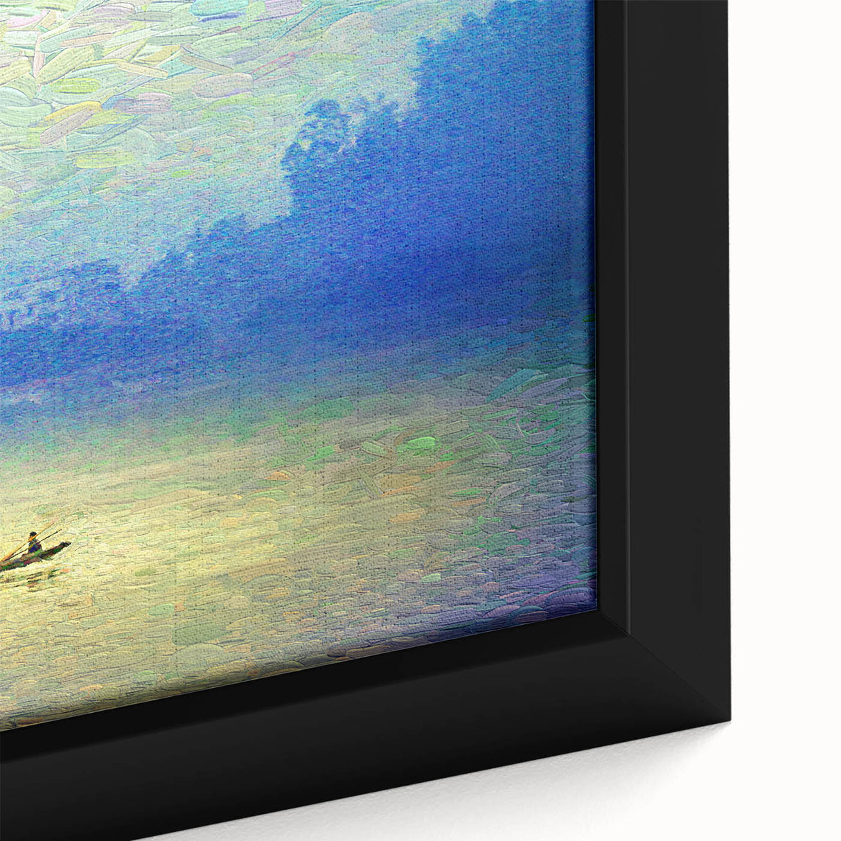 Extra large framed canvas featuring a textured, black rowboat design with colorful accents, ideal for living room decor.