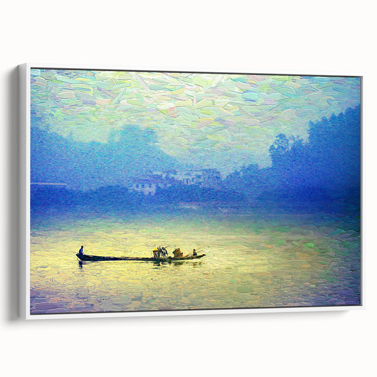 Framed canvas of a vintage rowboat landscape in black and white, ideal for bedroom wall art.