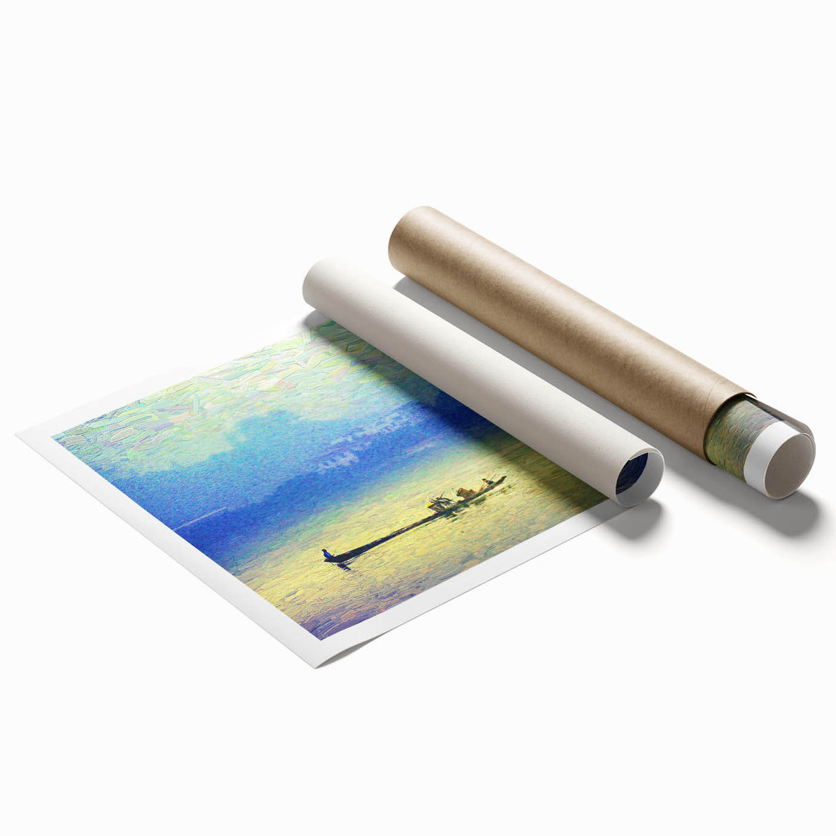 Extra large rolled print of a rowboat on calm waters in muted blue and gray tones, ideal for classy bathroom wall art.