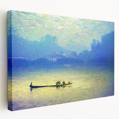 Side view of a rowboat on a stretched canvas, featuring neutral blue and gray tones, ideal for kitchen wall art.