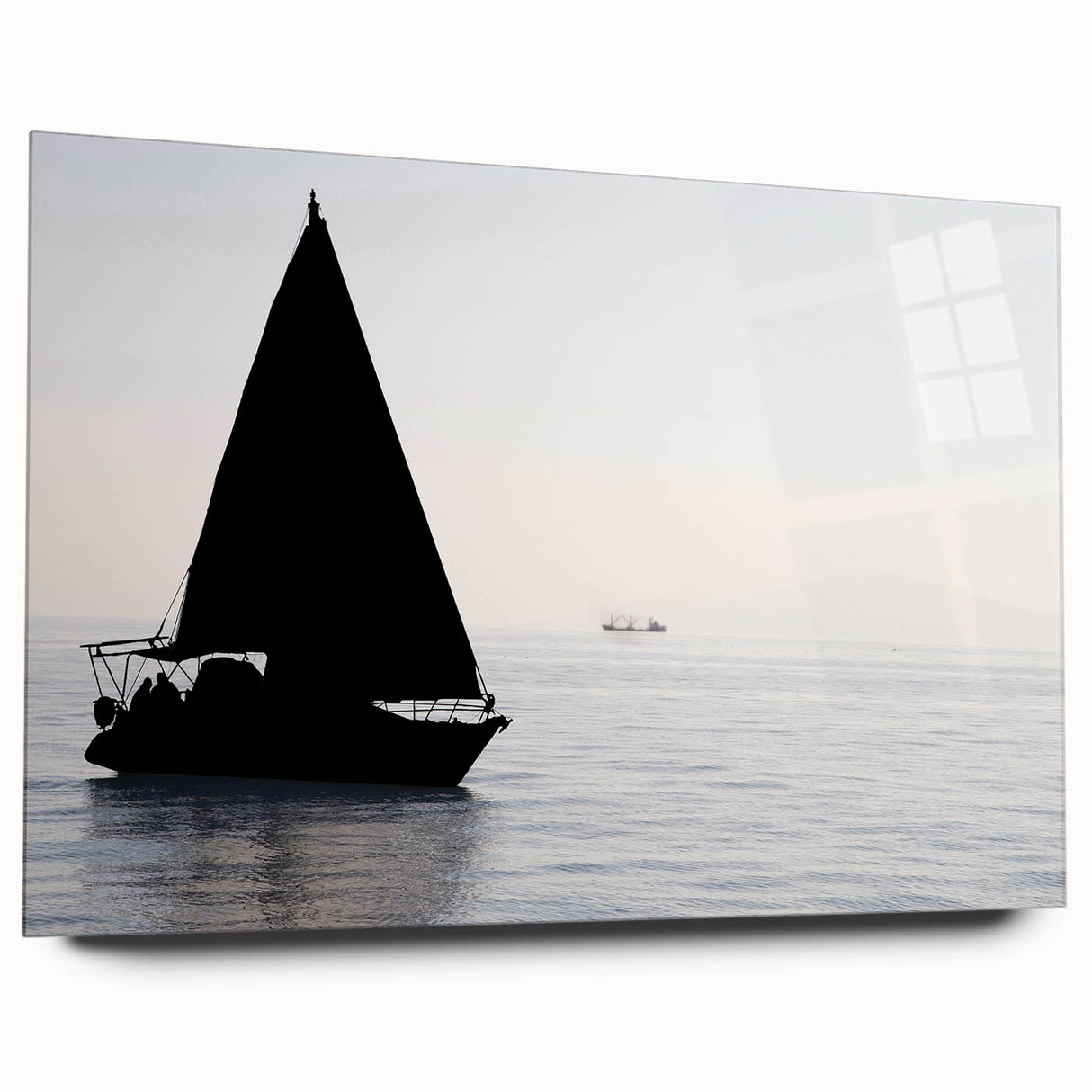 Acrylic print of a large abstract sailboat in soft blue and white tones, ideal for bedroom or dining room art.