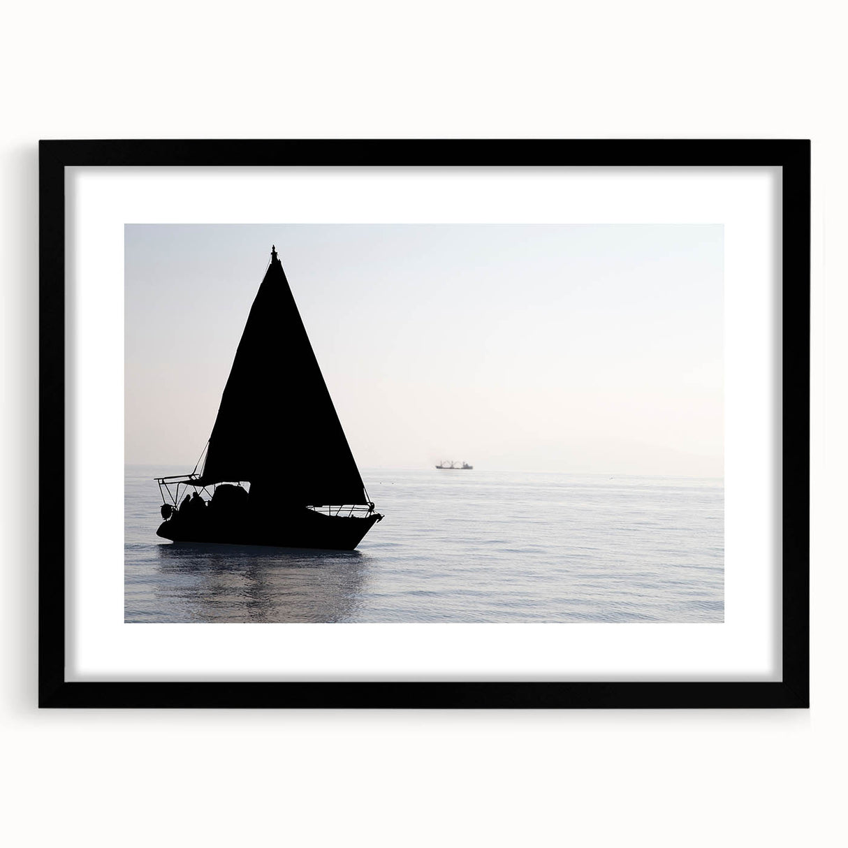 Abstract art print of a colorful sailboat on textured canvas, framed in black, ideal for extra large living room wall art.