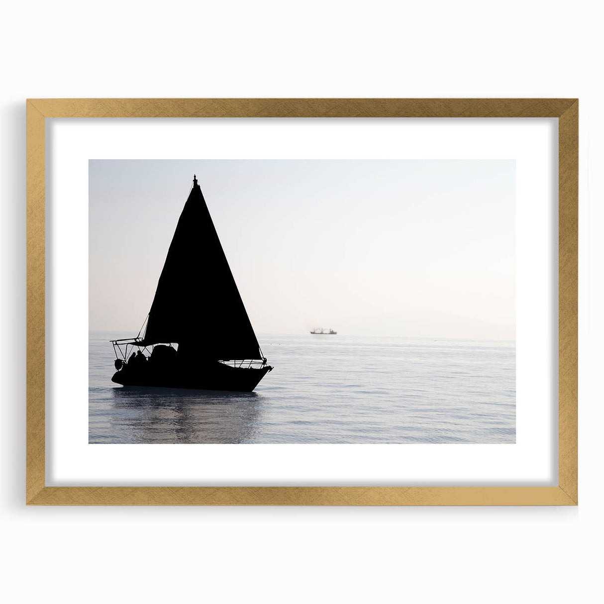Textured art print of an abstract sailboat in gold and blue tones on a framed canvas, suitable for bedroom art.