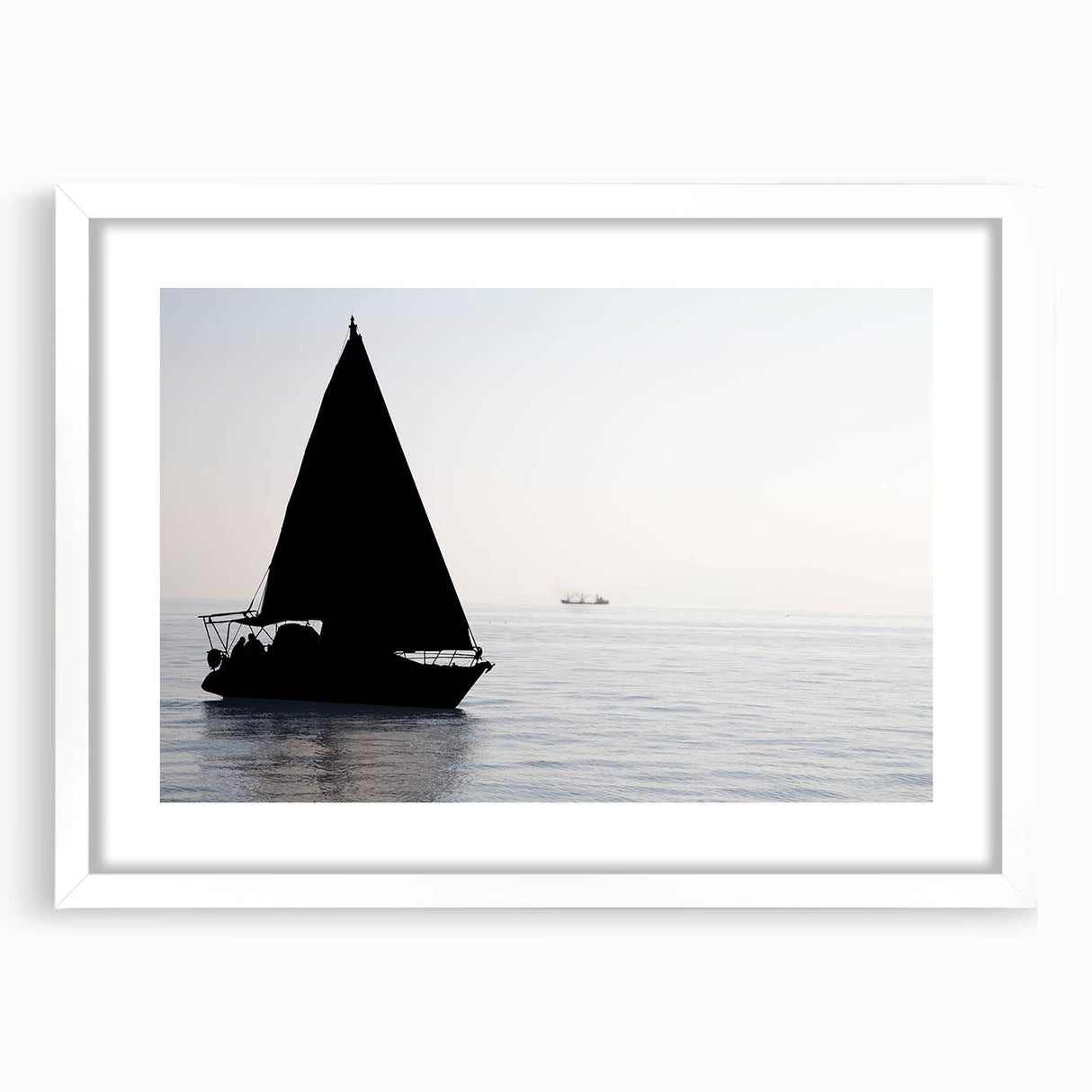 Extra large abstract art print of a sailboat, with textured blue and white tones on a framed canvas.