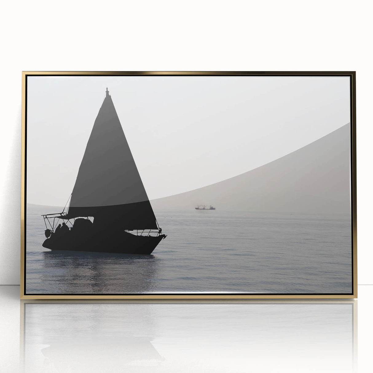 Mid-century modernist art of a sailboat, in muted blue and white, acrylic print framed in gold, ideal for nursery wall art.