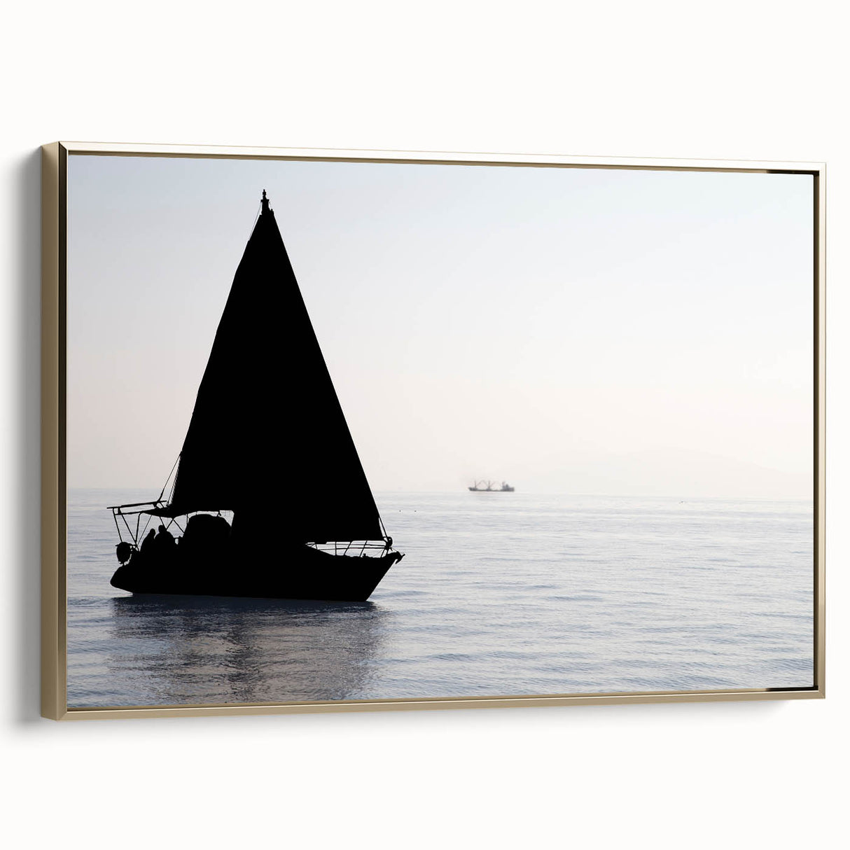 Framed canvas featuring a vintage-style sailboat on a colorful, abstract sea.