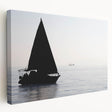 Sailboat on calm waters depicted in muted blue and white tones on stretched canvas, suitable for kitchen wall art.