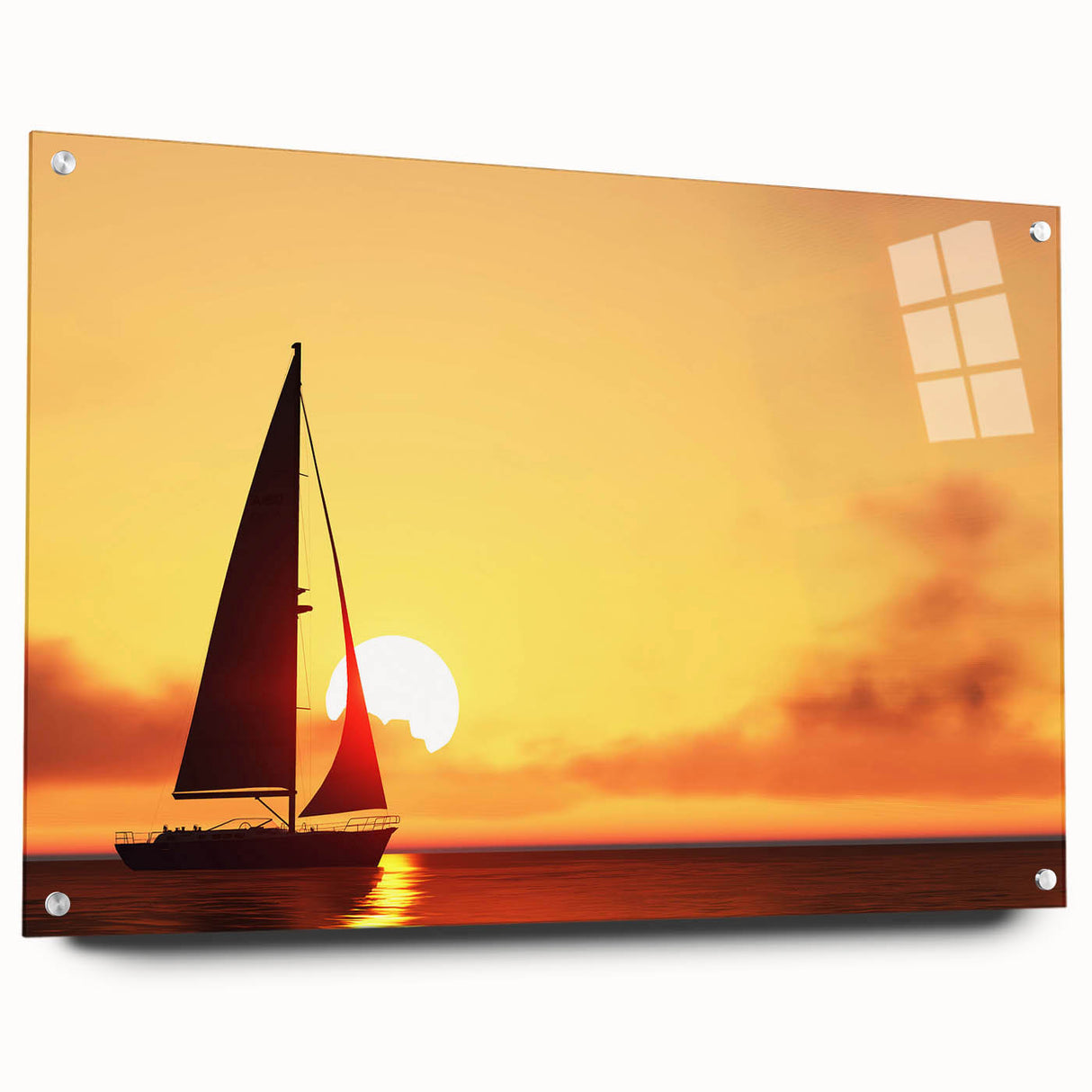 Acrylic print of a sailboat in muted blue and white tones, ideal for dining room or bedroom wall decor.