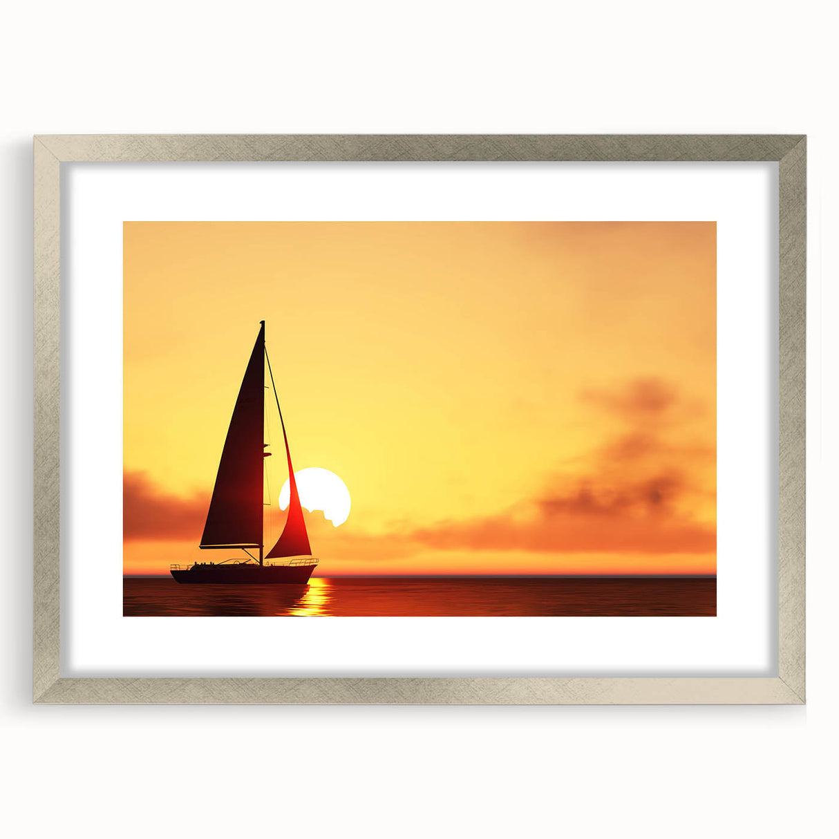Abstract art print of a sailboat in muted blue and silver tones, framed in silver, suitable for dining room decor.