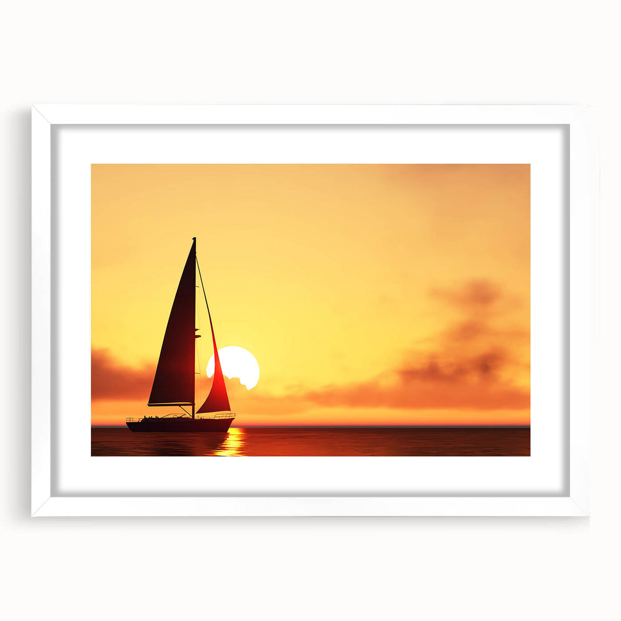 Extra large abstract art print of a sailboat, in muted blue and white tones on a framed canvas, ideal for living room decor.