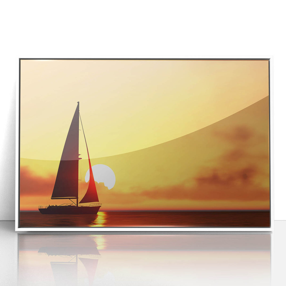 Mid-century modernist style sailboat on a calm sea, muted blue and white tones, framed acrylic, ideal for nursery wall art.