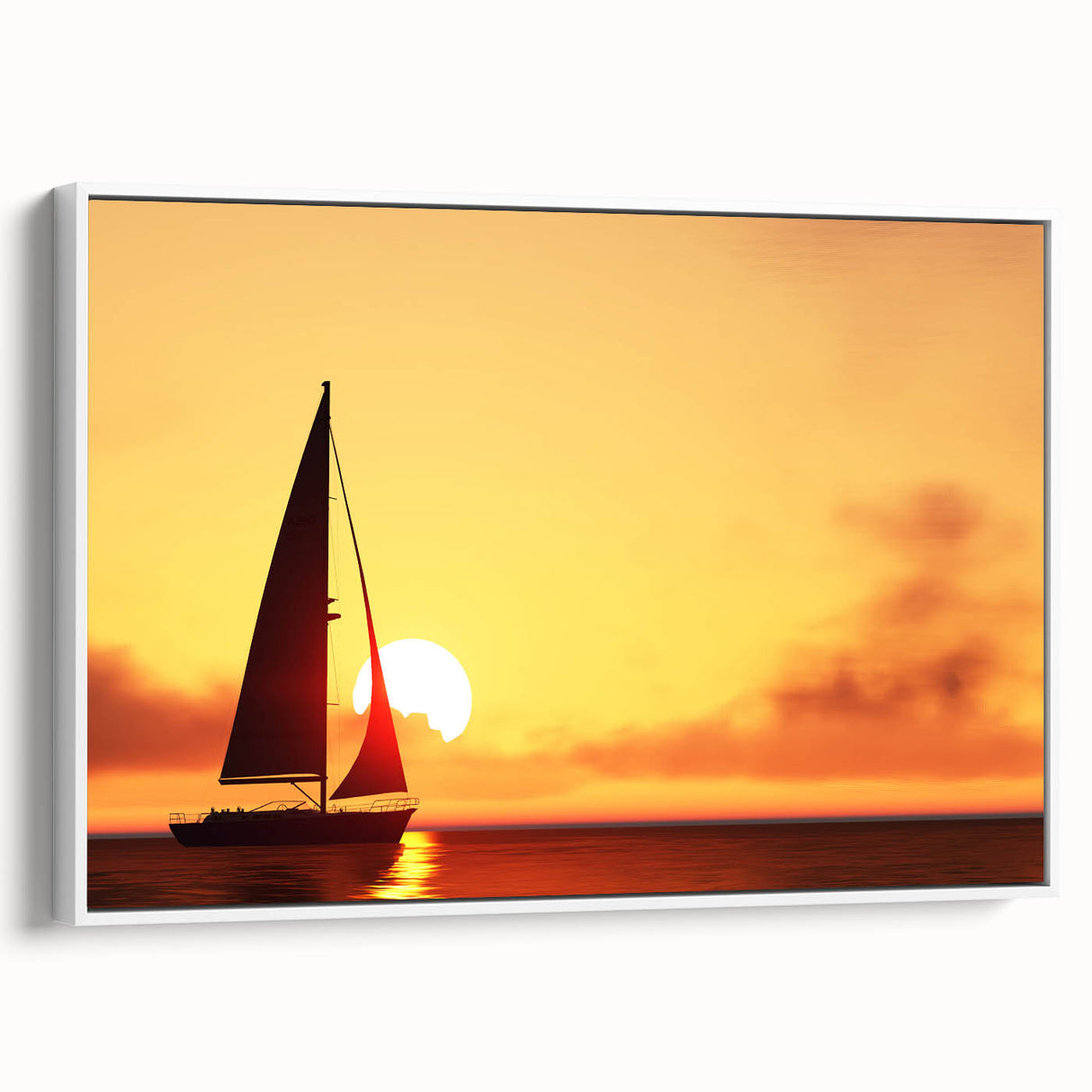 Sailboat on a calm sea depicted in muted grays and blues on a framed canvas, suited for bedroom wall decor.