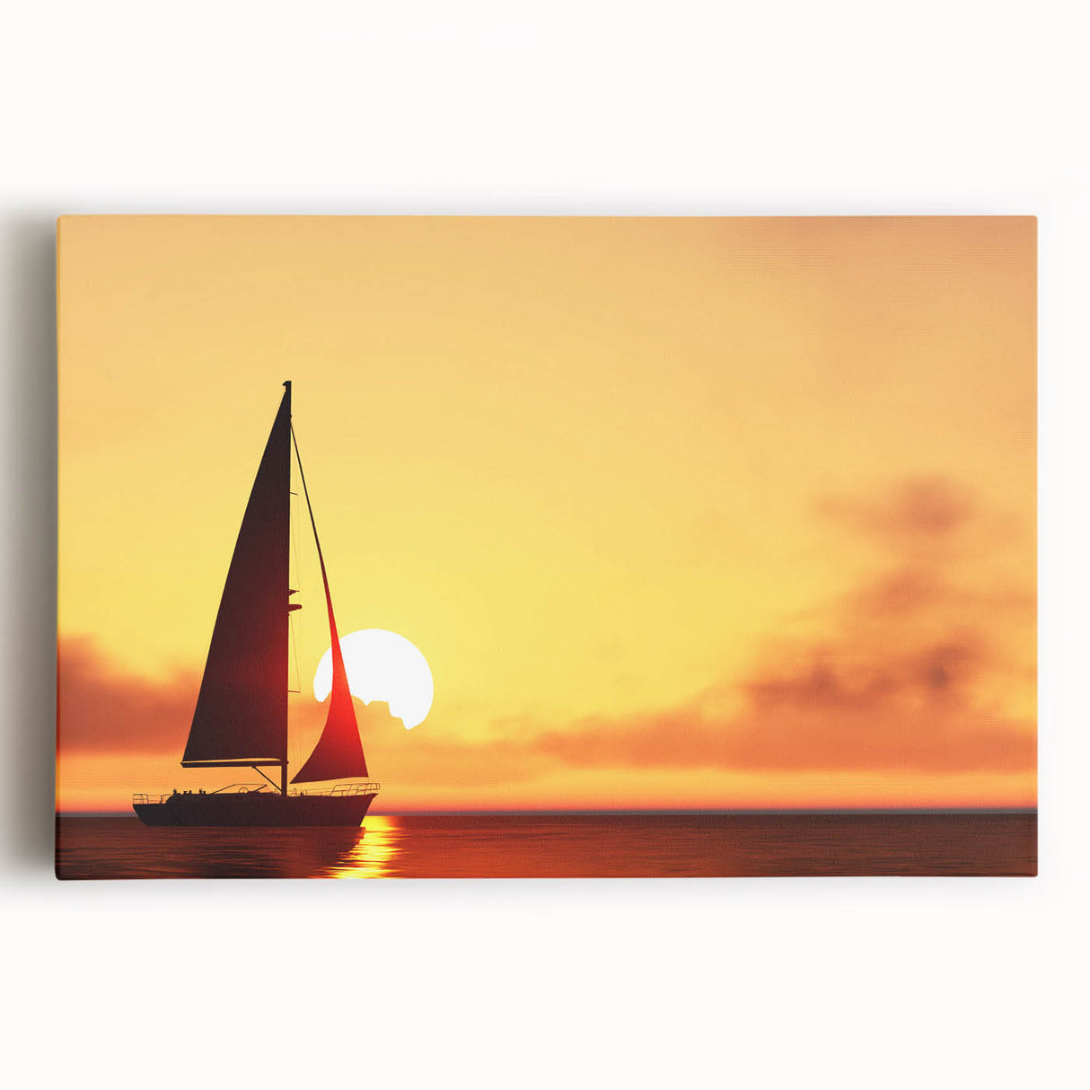 Black and white photograph of a sailboat on calm waters, printed on large stretched canvas, suitable for kitchen wall art.