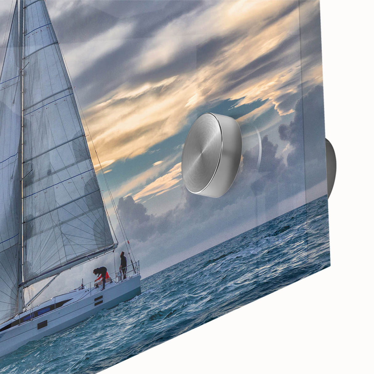 Large abstract wall art featuring a sailboat, in muted blue and white tones on acrylic glass.