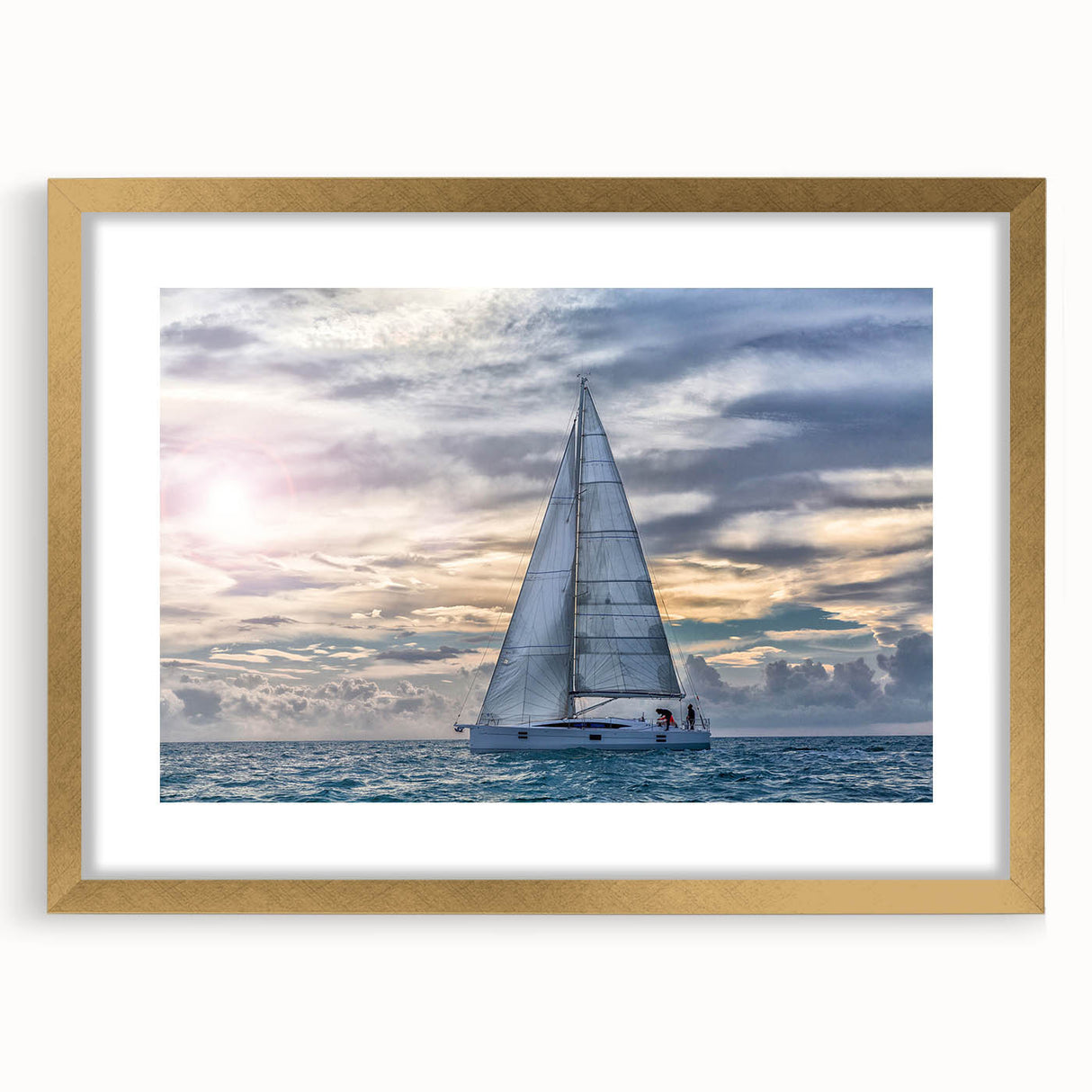 Abstract textured art of a sailboat in muted blue and white, acrylic print framed in gold, suitable for bedroom wall decor.