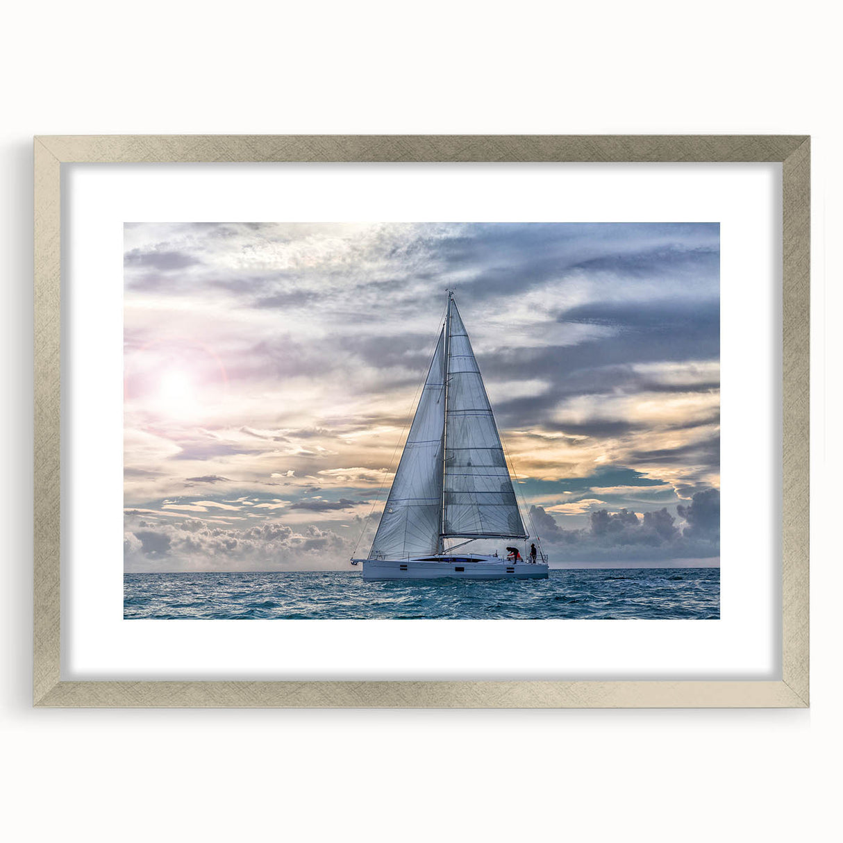 Abstract art print of a sailboat in silvery gray tones on a framed canvas, suitable for dining room or bedroom decor.