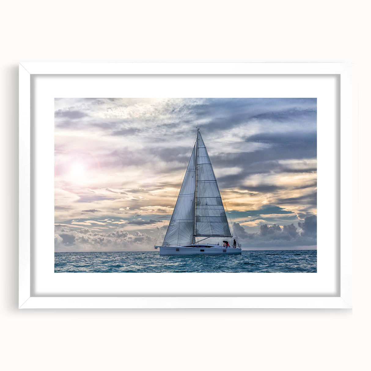 Extra large abstract sailboat print in textured art style with muted blue and white hues on a framed poster.