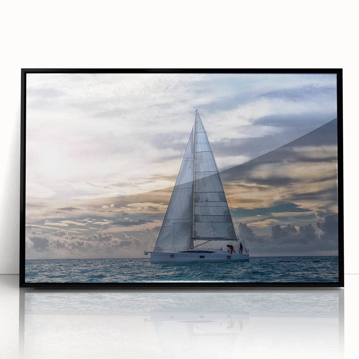 Large abstract wall art of a sailboat, rendered in muted blues and whites on a black acrylic frame.