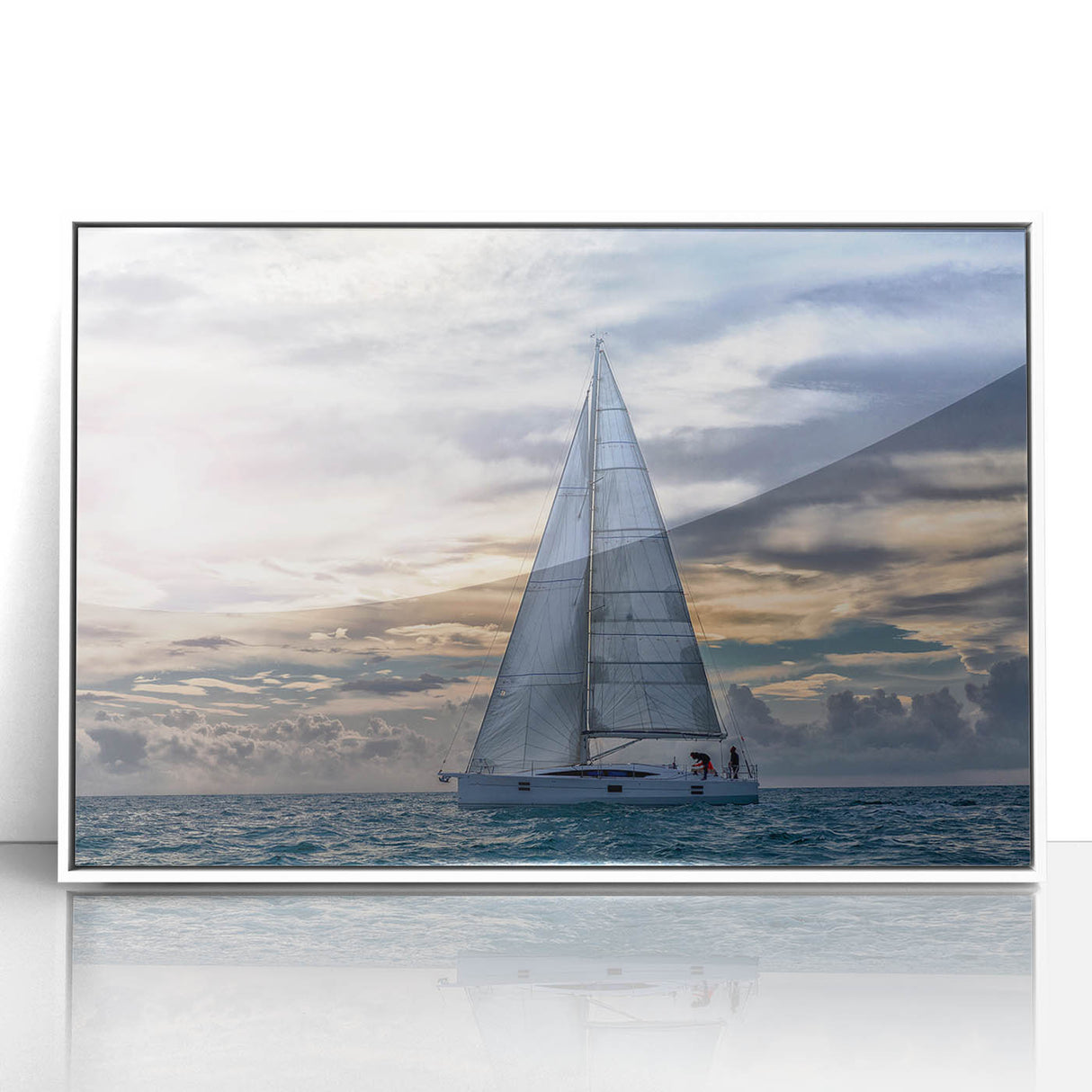 Framed acrylic print of a mid-century modernist sailboat, in muted blue and white tones, suitable for nursery wall art.