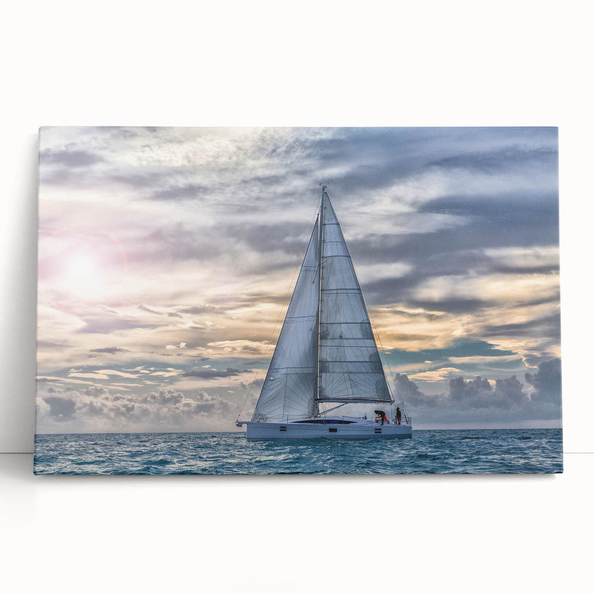 Black and white photo of a sailboat on a stretched canvas, ideal for kitchen wall art or bedroom decor.