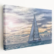 Sailboat on calm waters depicted in muted blue and white hues on a large stretched canvas, ideal for kitchen wall art.