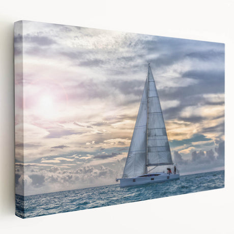 Sailboat on calm waters depicted in muted blue and white hues on a large stretched canvas, ideal for kitchen wall art.