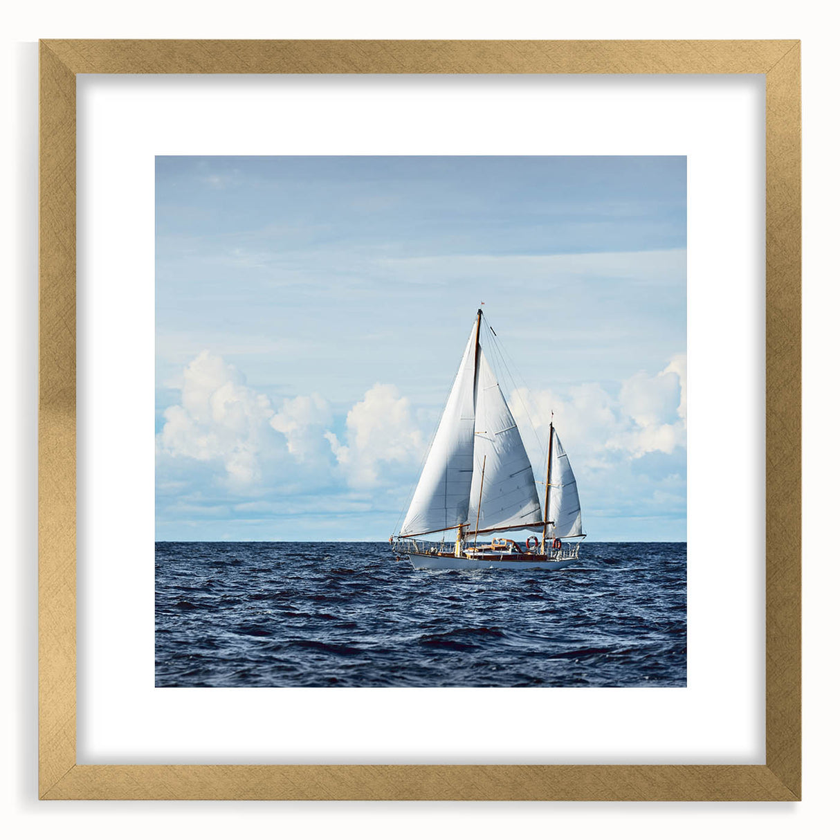 Textured abstract art print of a sailboat in muted blue and white tones on a framed canvas, suitable for bedroom art.